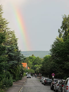 arcobaleno, Germania, strada, albero, pianta, mezzi di trasporto, modo di trasporto, veicolo a motore, cielo, natura, auto, veicolo terrestre, giorno, crescita, bellezza nella natura, mare, acqua, la strada davanti, scenics - natura, all'aperto, nessuno, 2K, CC0, dominio pubblico, privo di copyright