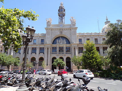 spain, value, palazzo poste, mode of transportation, architecture, motor vehicle, building exterior, transportation, car, built structure, land vehicle, city, tree, plant, day, nature, sky, street, building, incidental people, outdoors, travel, sculpture, 4K, CC0, public domain, royalty free