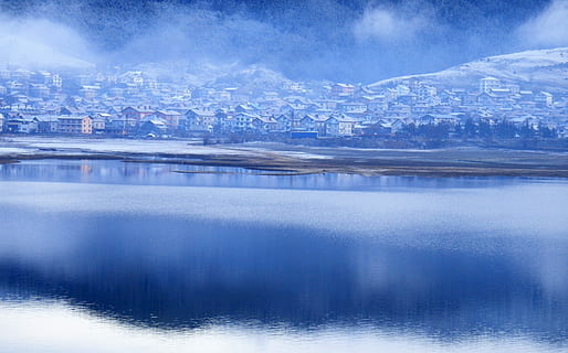 vinter, sne, hvid, kold, jul, ferie, natur, blå, is, Skov, scene, sæson, xmas, træ, bjerg, lystig, vand, by, arkitektur, bygning udvendig, himmel, bygget struktur, bybilledet, afspejling, nat, ingen mennesker, sky - himmel, belyst, sø, scenics - natur, rejsemål, skønhed i naturen, udendørs, 4K, CC0, offentligt domæne, royaltyfrie