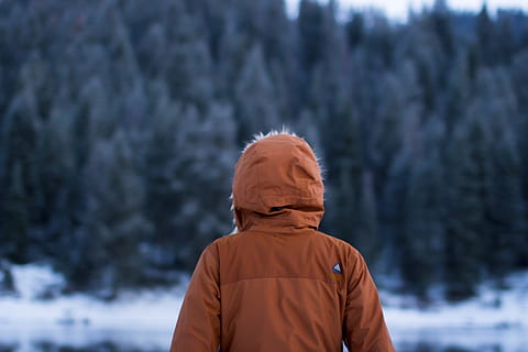 overfladisk, fokus fotografering, person, over, træer, leder, grøn, portræt, orange, hættetrøje, foran, snedækket, Skov, dag, tid, jakke, vinter, kold, tilbage, sne, udendørs, natur, mennesker, koldtemperatur, en person, voksen, kaukasisk etnicitet, herrer, sæson, livsstil, Kvinder, sport, sund livsstil, kold temperatur, varme tøj, kun en mand, kun voksne, tøj, træ, plante, rigtige mennesker, taljen op, hat, fritidsaktivitet, hætte - tøj, vinter jakke, 5K