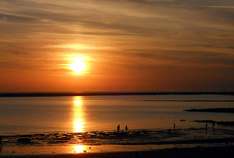 puesta de sol, iluminación, estado animico, borkum, cielo, parque eólico, mar del Norte, mar, naturaleza, oscuridad, Dom, reflexión, playa, agua, luz del sol, verano, color naranja, escena tranquila, al aire libre, paisaje, scenics, línea costera, silueta, belleza en la naturaleza, amanecer - amanecer, vacaciones, paisajes - naturaleza, tranquilidad, nube - cielo, tierra, gente real, idílico, horizonte sobre el agua, 1080P, CC0, dominio público, libre de derechos