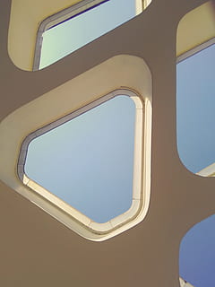 triangles, indoor, outdoor, pattern, roof, top, light, sky, clear sky, no people, low angle view, day, airplane, window, air vehicle, travel, vehicle interior, sunlight, blue, nature, outdoors, transportation, mode of transportation, shape, journey, architecture, seat, 2K, CC0, public domain, royalty free