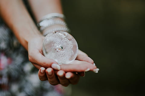 little, crystal ball, Woman, little crystal, female, hands, glass building, femine, human Hand, nature, people, holding, outdoors, close-up, fish, human body part, one person, one woman only, hand, focus on foreground, adult, midsection, women, day, child, hands cupped, offspring, childhood, showing, 4K