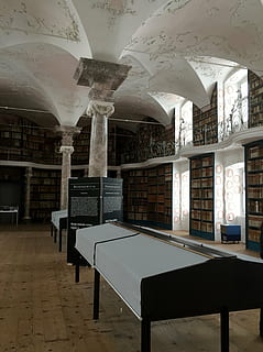 abadia, monestir, biblioteca, einsiedeln, cantó de schwyz, suïssa, a l'interior, sostre, arquitectura, cap gent, estructura construïda, edifici, columna arquitectònica, seient, educació, taula, buit, absència, sòls, dia, mobles, equips d’il·luminació, material de fusta, finestra, escola, cadira, luxe, 2K, CC0, domini públic, lliure de regalies