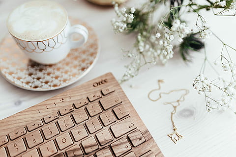 keyboard, cup, coffee, Wooden, cup of coffee, technology, desk, oree, cappucino, hipster, caffee, computer, table, coffee - Drink, computer Keyboard, laptop, business, internet, no people, close-up, indoors, day, drink, mug, coffee cup, food and drink, text, refreshment, hot drink, still life, food, western script, flower, flowering plant, communication, high angle view, crockery, tea cup, latte, 2K