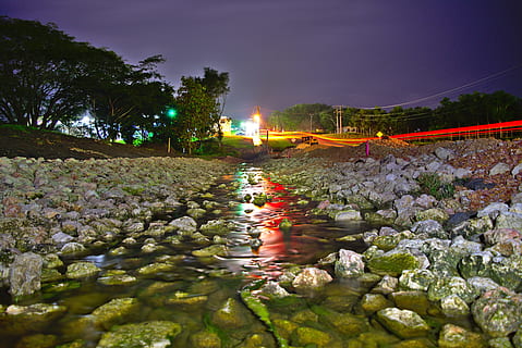 water, flow, rocks, reflection, drain, limestone, long exposure, transportation, lights, colors, light trails, landscape, plant, nature, tree, flower, flowering plant, beauty in nature, sky, no people, tranquility, environment, outdoors, river, motion, land, scenics - nature, growth, night, flowing water, flowing, 5K, CC0, public domain, royalty free
