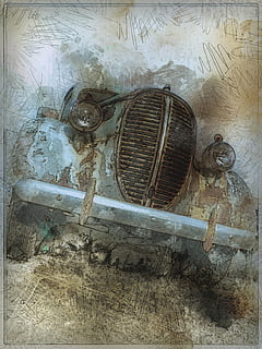 classic, gray, car painting, old timer, automobile, rusty, car, transportation, vintage, antique, nostalgia, oldster, historic vehicle, vehicle, metal, ancient, historic, landscape, scenery, countryside, scenic, digital manipulation, photo art, wood - material, old, no people, indoors, abandoned, history, damaged, the past, textured, retro styled, wall - building feature, obsolete, architecture, container, run-down, day, weathered, 4K, CC0, public domain, royalty free