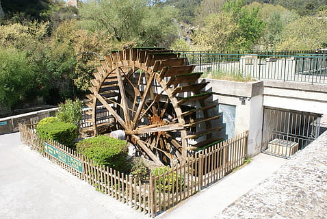 Mill, Wheel, River, mill, wheel, no people, day, built structure, tree, water, outdoors, water wheel, railing, nature, wood - material, plant, fuel and power generation, architecture, hydroelectric power, renewable energy, environmental conservation, watermill, sunlight, alternative energy, barrier, 1080P, CC0, public domain, royalty free