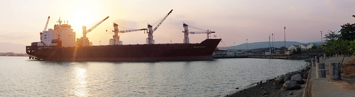 negru, alb, navă de marfă, navă, ocean, apus de soare, s, mare, călătorie, barcă, vas, apă, transport, marin, livrare, încărcătură, ancoră, recipient, container de încărcătură, transport de marfă, port, navă nautică, dock comercial, nava de containere, macara - utilaje pentru constructii, industrie, nava industrială, Afaceri, se incarca, mijloc de transport, comercial, arhitectură, cer, mașini, natură, dig, panoramic, în aer liber, 8K, CC0, domeniu public, fără drepturi de autor