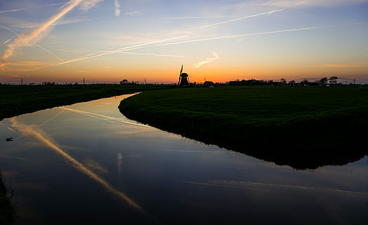 Sunset, Dusk, Dark, Sky, Windmill, dark, sky, lanscape, water, grass, river, reflection, waterfront, nature, beauty in nature, scenics - nature, orange color, environment, cloud - sky, no people, tranquility, land, tranquil scene, sun, idyllic, plant, landscape, outdoors, canal, 5K, CC0, public domain, royalty free