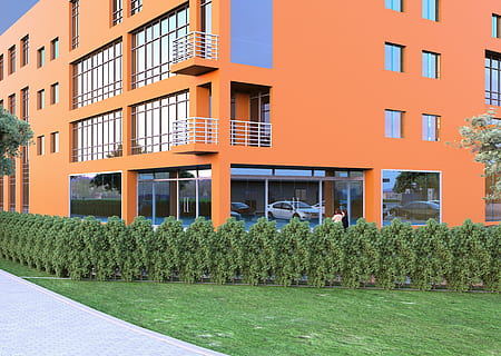 Effektbild, Perspektive, Gebäude, die Architektur, gebaute Struktur, Gebäudehülle, Pflanze, grüne Farbe, keine Leute, Wachstum, Natur, Tag, Fenster, Stadt, draußen, Wohngegend, modern, Baum, orange Farbe, in einer Reihe, Sonnenlicht, Fußweg, Hecke, Wohnung, 4K, CC0, gemeinfrei, lizenzfrei
