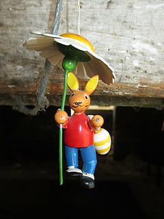 easter, easter bunny, holzfigur, easter egg, funny, blossom, bloom, toy, representation, multi colored, human representation, no people, still life, decoration, doll, hanging, creativity, art and craft, indoors, close-up, male likeness, plastic, figurine, focus on foreground, 4K, CC0, public domain, royalty free