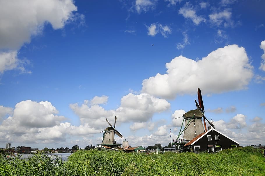 Niederlande, Windmühle, Dorf, Windmühlendorf, wolke - himmel, Feld, Tag, Himmel, die Architektur, Windkraft, gebaute Struktur, Gebäudehülle, Windkraftanlage, Umgebung, Turbine, Natur, Land, traditionelle Windmühle, alternative Energie, erneuerbare Energie, Pflanze, Kraftstoff- und Stromerzeugung, keine Leute, Umweltschutz, draußen, 1080P