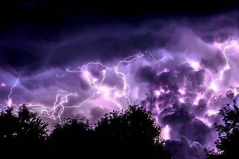 silhouet, bomen, fotografie met een lage hoek, donder, Purper, bliksem, hemel, nacht, wolk - lucht, natuur, donker, onweersbui, cloudscape, ruimte, zwarte kleur, achtergronden, blauw, kracht in de natuur, storm, macht, boom, schoonheid in de natuur, lage hoekweergave, fabriek, geen mensen, gevorkte bliksem, dramatische hemel, buitenshuis, onheilspellend, 4K, CC0, publiek domein, royaltyvrij