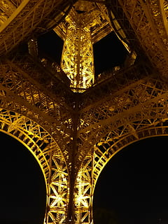 Paris, Night, Eiffel Tower, Lights, architecture, famous Place, paris - France, france, europe, urban Scene, arch, monument, tower, travel Destinations, history, travel, tourism, built structure, low angle view, illuminated, the past, no people, city, architectural feature, indoors, lighting equipment, building, ceiling, luxury, ornate, 1080P, CC0, public domain, royalty free