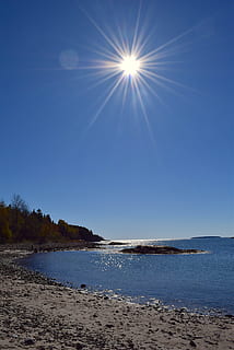 Riba, sol, platja, oceà, pins, maine, naturalesa, aigua, mar, paisatge, cel, blau, Costa, línia de costa, escènic, a l'aire lliure, badia, rocós, clar, dia, assolellat, natural, parc, bellesa a la natura, llum solar, escenics - natura, terra, tranquil·litat, escena tranquil·la, cel clar, raig de sol, cap gent, flare de la lent, brillant, lluminós, 4K, CC0, domini públic, lliure de regalies