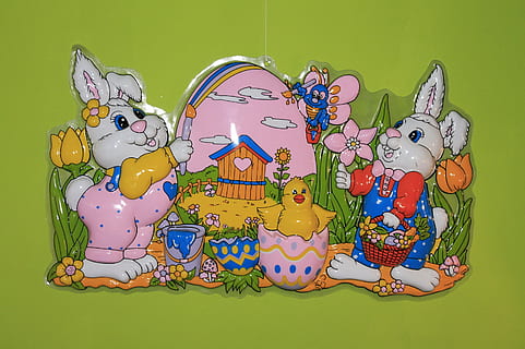 easter bunny, easter egg, figures, funny, illustration, animal, colored background, animal representation, representation, animal themes, easter, no people, holiday, art and craft, creativity, mammal, celebration, multi colored, archival, indoors, bird, studio shot, rabbit - animal, green background, 2K, CC0, public domain, royalty free