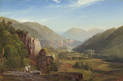 Thomas Moran, Landschaft, Malerei, Kunst, künstlerisch, Öl auf Leinwand, Himmel, Wolken, Bäume, Natur, draußen, szenisch, Land, Berge, Tal, Schlucht, Wald, Strom, Wasser, Reflexionen, Künstler, Maler, Person, Berg, Szenen - Natur, Umgebung, Schönheit in der Natur, ruhige Szene, Ruhe, Baum, Pflanze, Gebirge, Nicht-städtische Szene, keine Leute, Tag, Rock, Fernbedienung, erodiert, 2K, CC0, gemeinfrei, lizenzfrei