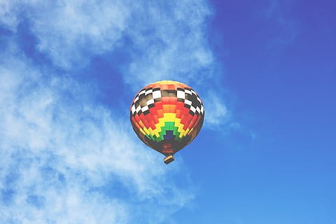 adventure, balloon, blue sky, cloud, clouds, colorful, colourful, floating, fly, flying, fun, high, hot-air balloon, leisure, light, outdoors, recreation, sky, travel, wind, hot Air Balloon, air, transportation, air Vehicle, blue, mid-air, cloud - sky, low angle view, multi colored, nature, day, freedom, no people, motion, single object, directly below, ballooning festival, 5K