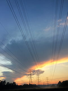 dawn, sky, clouds, trees, cable, current, dusk, electric, energy, high voltage, line, power line, power lines, steel, tower, transmission, voltage, wire, wires, technology, cloud - sky, electricity, power supply, electricity pylon, fuel and power generation, connection, sunset, nature, no people, silhouette, scenics - nature, outdoors, beauty in nature, power, tranquil scene, 2K, CC0, public domain, royalty free