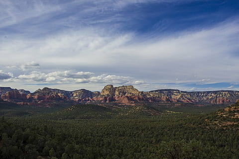 clouds, forest, landscape, mountain range, nature, rocky mountains, sandstone, sky, trees, scenics, mountain, outdoors, rock - Object, uSA, beauty In Nature, scenics - nature, environment, tranquility, rock, tranquil scene, non-urban scene, cloud - sky, rock formation, plant, land, no people, travel destinations, solid, formation, climate, arid climate, semi-arid, eroded, 5K
