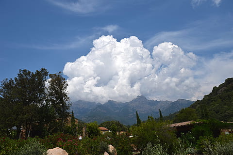 nori, cumulus, thundercloud, munţi, cer, peisaj, dramatic, lumea montană, starea vremii, nor - cer, plantă, frumusețe în natură, copac, scenice - natura, Munte, natură, o scenă liniștită, zi, scenă non-urbană, liniște, de munte, nici o persoana, creştere, mediu inconjurator, în aer liber, idilic, Culoarea verde, varf de munte, 5K, CC0, domeniu public, fără drepturi de autor