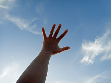 hand, sky, clouds, blue, light, nature, summer, human hand, human body part, cloud - sky, body part, reaching, limb, human arm, human limb, religion, people, hope - concept, freedom, aspirations, low angle view, emotion, finger, arms raised, hand raised, 4K, CC0, public domain, royalty free