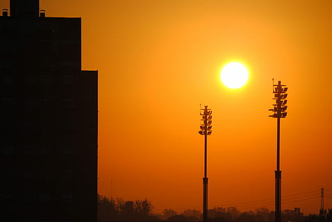Dawn, Saragossa, Sun, City, sun, city, illuminated, lighting equipment, street light, sunset, silhouette, floodlight, sky, orange color, built structure, architecture, building exterior, street, no people, nature, low angle view, outdoors, tower, building, tall - high, electricity, skyscraper, 4K, CC0, public domain, royalty free