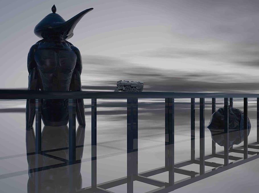 surrealismus, 3d, objekt, perspektivní, lokomotiva, nebe, sochařství, zastoupení, umění a řemesla, voda, lidské zastoupení, socha, mrak - nebe, zábradlí, tvořivost, Příroda, nikdo, moře, odraz, den, mužská podobnost, řemeslo, architektura, venku, horizont nad vodou, 2K