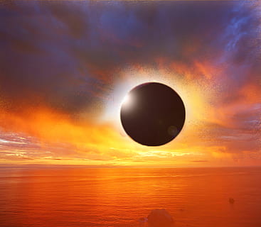 photo, golden, hour, solar eclipse, sunset, eclipse, sun, sky, solar, planet, universe, science, world, sunlight, moon, sunrise, earth, astronomy, space, galaxy, astrology, black, star, cosmos, glow, scientific, red, cloud - sky, beauty in nature, sea, nature, scenics - nature, orange color, sphere, no people, circle, water, dramatic sky, outdoors, geometric shape, horizon over water, horizon, digital composite, 5K, CC0, public domain, royalty free