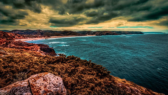 beach, ocean, cloudy, landscape, coastline, dramatic, sea, sky, water, cloud - sky, beauty in nature, scenics - nature, rock, rock - object, solid, nature, tranquility, land, tranquil scene, no people, dramatic sky, rock formation, outdoors, idyllic, rocky coastline, 4K, CC0, public domain, royalty free