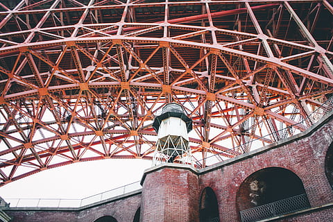 black, white, tower, low, angle photography, red, building, lighthouse, brown, concrete, bridge, under, beneath, structure, architecture, famous Place, built Structure, roof, architecture And Buildings, city, urban Scene, low angle view, indoors, day, metal, arch, no people, outdoors, building exterior, nature, travel destinations, pattern, shoe, ceiling, travel, 4K, CC0, public domain, royalty free