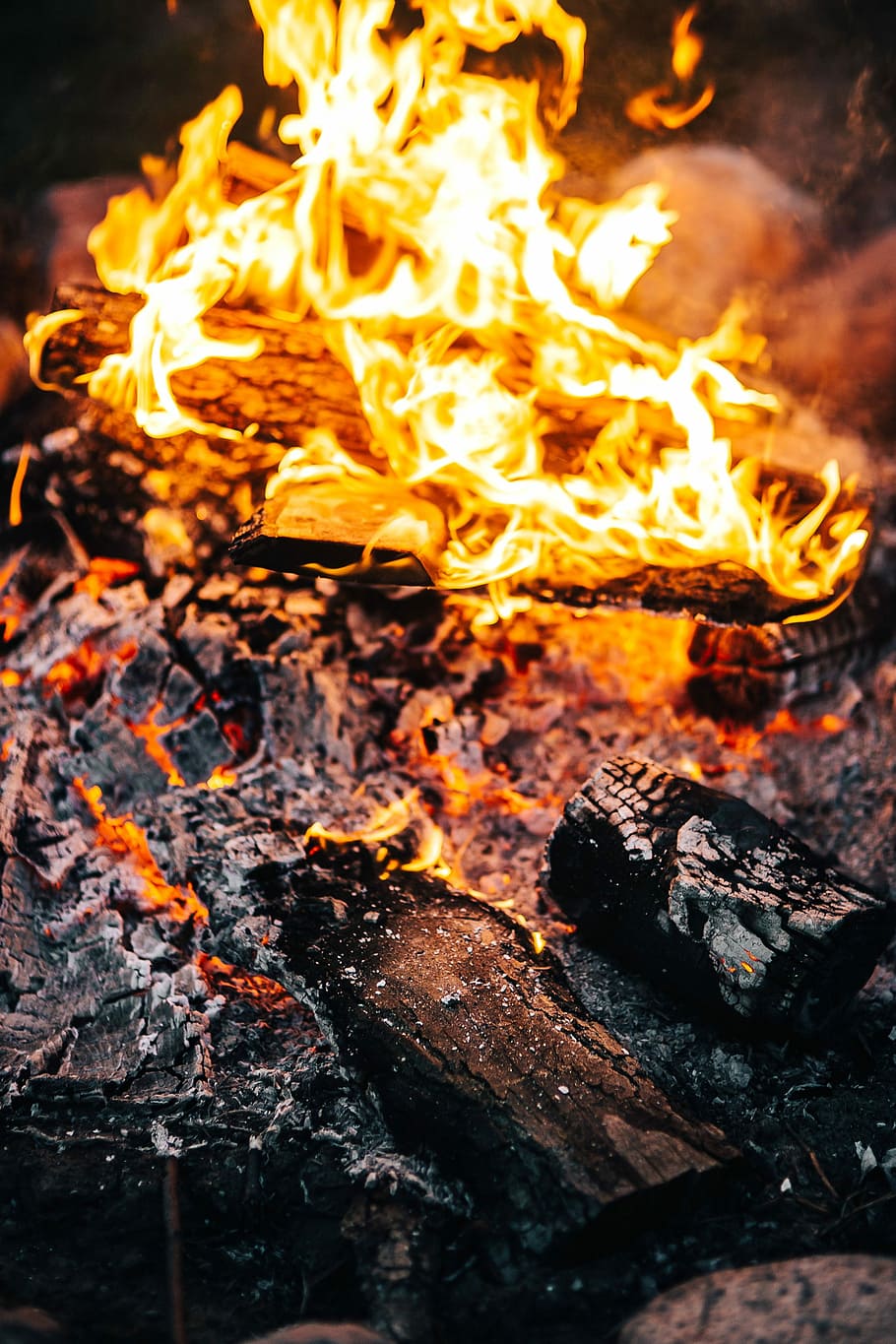 falò estivo, estate, fuoco di bivacco, vacanze, telecamera, all'aperto, natura, al di fuori, fuoco, fiamma, boschi, falò, cenere, legna da ardere, Fumo, fuoco - fenomeno naturale, calore - temperatura, ardente, legno - materiale, rosso, avvicinamento, colore nero, carbone, giallo, raggiante, inferno, legna, ceppo, colore arancione, movimento, nessuno, notte, campeggio, bruciato, 4K