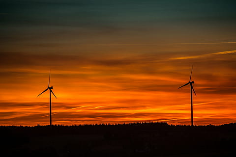 photo, silhouette, two, windmills, sunset, setting sun, windräder, abendstimmung, evening sky, afterglow, nature, sky, mood, romantic, clouds, atmospheric, orange, forest, environmental conservation, wind power, wind turbine, alternative energy, fuel and power generation, renewable energy, windmill, turbine, environment, orange color, beauty in nature, technology, landscape, scenics - nature, no people, cloud - sky, field, outdoors, electricity, sustainable resources, wind, power supply, power in nature, 5K