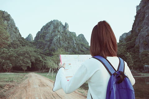 landscape, mountains, nature, person, adventure, background, backpack, backpacker, clouds, country, girl, grass, green, hills, looking, map, outdoors, peaks, rocks, sightseeing, stones, sunlight, traveler, trees, view, woman, young, rear view, one person, mountain, adult, real people, women, waist up, leisure activity, scenics - nature, day, lifestyles, rock formation, rock, beauty in nature, hairstyle, rock - object, standing, sky, formation, looking at view, 5K, CC0, public domain, royalty free