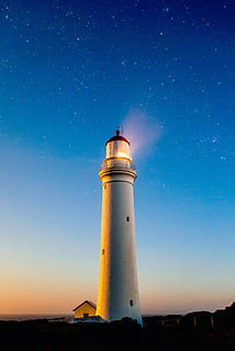 white, lighthouse, starry night, structure, sky, night, stars, guidance, star - space, tower, architecture, security, direction, built structure, building exterior, protection, safety, no people, nature, building, illuminated, space, low angle view, scenics - nature, astronomy, outdoors, 1080P, CC0, public domain, royalty free