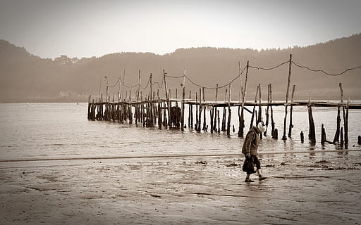 Strand, Landschaft, Wasser, Natur, Seebrücke, eine Person, Transport, Meer, in voller Länge, Himmel, Gehen, Tag, Männer, Winter, Wasserfahrzeug, Angeln, Lebensstile, kalte Temperatur, draußen, Fischer, 4K, CC0, gemeinfrei, lizenzfrei