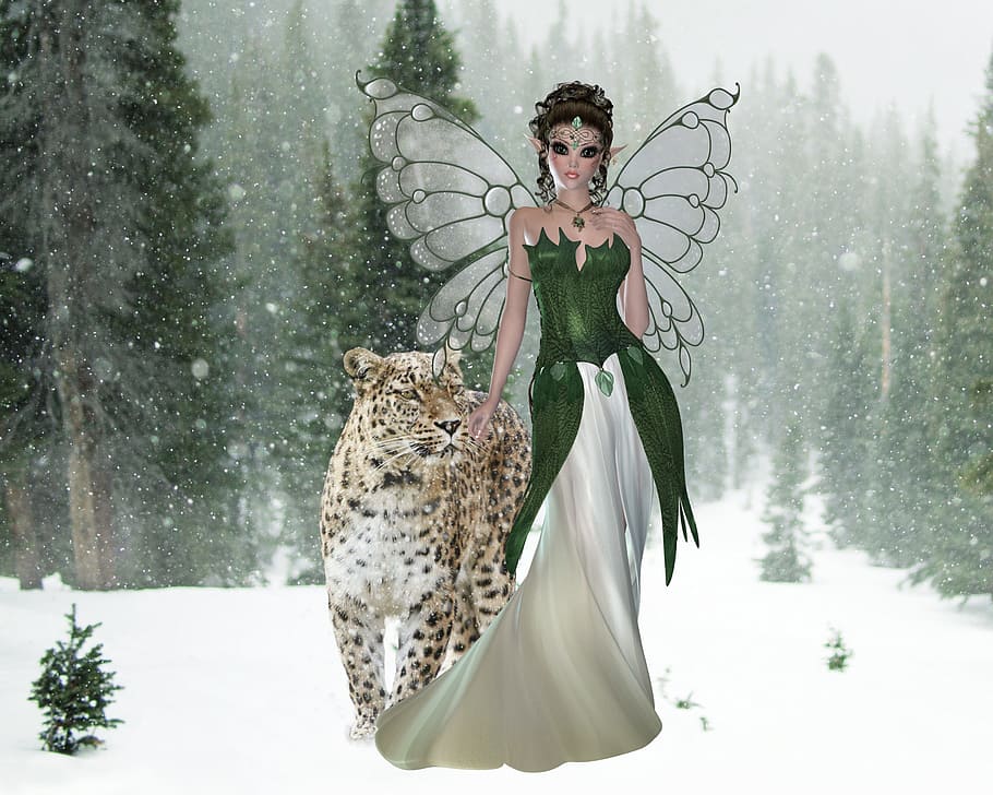 víla, vedle, leopard ilustrace, zimní, Krásná, Příroda, leopard, sníh, umění, studená teplota, jedna osoba, strom, les, oblečení, portrét, mladého dospělého, móda, přistát, ženy, dospělý, při pohledu na fotoaparát, žen, vážné, sněží, krásná žena, účes, 2K