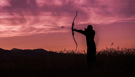 alba, paesaggio, tramonto, uomo, precisione, azione, attivo, attività, scopo, mirando, arciere, tiro con l'arco, freccia, atleta, retroilluminato, arco, crepuscolo, ambiente, sera, campo, erba, caccia, cacciatore, icona, all'aperto, persona, tiro, silhouette, abilità, gli sport, attrezzatura sportiva, bersaglio, formazione, arma, cielo, una persona, in piedi, natura, adulto, detenzione, terra, nuvola - cielo, bellezza nella natura, uomini, colore arancione, scenics - natura, a caccia, braccio umano, braccia alzate, 4K, CC0, dominio pubblico, privo di copyright