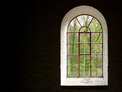 rot, Fenstergitter aus Metall, Bäume, tagsüber, Fenster, Bogen, gewölbt, Rahmen, draußen, Aussicht, die Architektur, Stein, Glas, verraten, Öffnung, Verglasung, alt, Wandbau - Funktion, keine Leute, gebaute Struktur, drinnen, Tag, Natur, Glas - Material, Gebäude, Pflanze, Sonnenlicht, transparent, grüne Farbe, kopieren sie platz, Nahansicht, Muster, Fensterrahmen, 2K, CC0, gemeinfrei, lizenzfrei