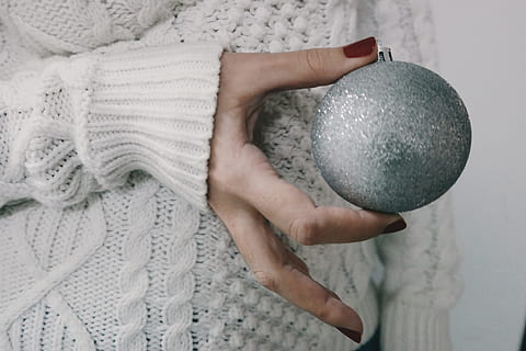 holding, silver christmas decoration ball, Person, silver, Christmas decoration, ball, various, christmas, xmas, women, human Hand, people, wool, caucasian Ethnicity, one Person, sweater, females, adult, human body part, one woman only, indoors, hand, sphere, close-up, single object, body part, textile, leisure activity, studio shot, lifestyles, crystal ball, nature, silver colored, human limb, 4K