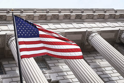 usa flag, architecture, building, infrastructure, structure, establishment, pillar, foundation, flag, united states, sovereignty, democracy, cultures, patriotism, striped, building exterior, built structure, no people, outdoors, blue, low angle view, star shape, city, shape, day, pride, sky, nature, freedom, office building exterior, wind, national icon, architectural column, independence, 4K