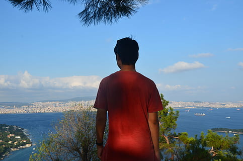 sky, cloud, landscape, man, anger, thoughts, overview, joy, happiness, rear view, water, lifestyles, real people, one person, leisure activity, scenics - nature, nature, beauty in nature, sea, standing, cloud - sky, waist up, day, looking at view, men, plant, outdoors, 4K, CC0, public domain, royalty free