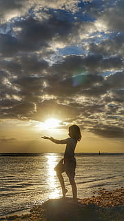 Sunset, Polynesia, Beach, sea, cloud - sky, sky, silhouette, water, beauty in nature, land, scenics - nature, real people, horizon, one person, leisure activity, horizon over water, lifestyles, child, sunlight, nature, childhood, outdoors, 1080P, CC0, public domain, royalty free
