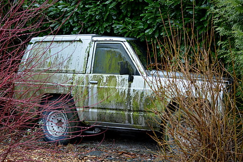 cotxe, jeep, brutícia, transport, abandonat, manera de transport, espatllat, obsoleta, planta, automòbil, declivi, vehicle terrestre, deteriorament, aixafar, dia, cap gent, vell, terra, camp, rovellat, naturalesa, metall, a l'aire lliure, roda, arruïnat, demolida, 5K, CC0, domini públic, lliure de regalies