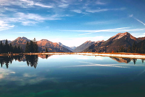 dawn, landscape, mountains, nature, clouds, daylight, dusk, environment, forest, lake, lakeside, outdoors, reflection, scenery, scenic, sky, travel, trees, water, woods, mountain, scenics - nature, beauty in nature, tranquility, tranquil scene, mountain range, cloud - sky, non-urban scene, idyllic, no people, waterfront, day, 2K, CC0, public domain, royalty free