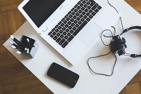 laptop, smartphone, headphones, White, notebook, mobile phone, cell phone, acer, pencils, computer, desk, technology, table, office, business, computer Mouse, computer Keyboard, equipment, wood - Material, internet, no People, high angle view, wireless technology, connection, communication, portable information device, indoors, smart phone, still life, computer equipment, keyboard, furniture, telecommunications equipment, 5K