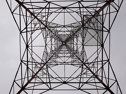 Transmission Tower, Angles, Technology, structure, electricity, tower, power Line, cable, electricity Pylon, communication, power, fuel and Power Generation, industry, sky, danger, steel, energy, pattern, girder, grid, silhouette, built structure, power supply, architecture, connection, symmetry, no people, nature, global communications, clear sky, electrical grid, outdoors, abstract, complexity, concentric, alloy, above, directly below, 2K, CC0, public domain, royalty free