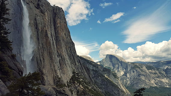 vandfald, Brun, bjerg, falls, bjergbjerge, klar, blå, hvid, himmel, klint, Sky, klippe, halvkuppel, dal, Yosemite, landskab, efterår, udsigt, vand, granit, blå himmel, sky - himmel, scenics - natur, skønhed i naturen, miljø, natur, rolig scene, ro, ikke-urbane scene, ingen mennesker, bjergkæde, idyllisk, dag, formation, rejsemål, jord, rejse, udendørs, bjergtop, 5K, CC0, offentligt domæne, royaltyfrie