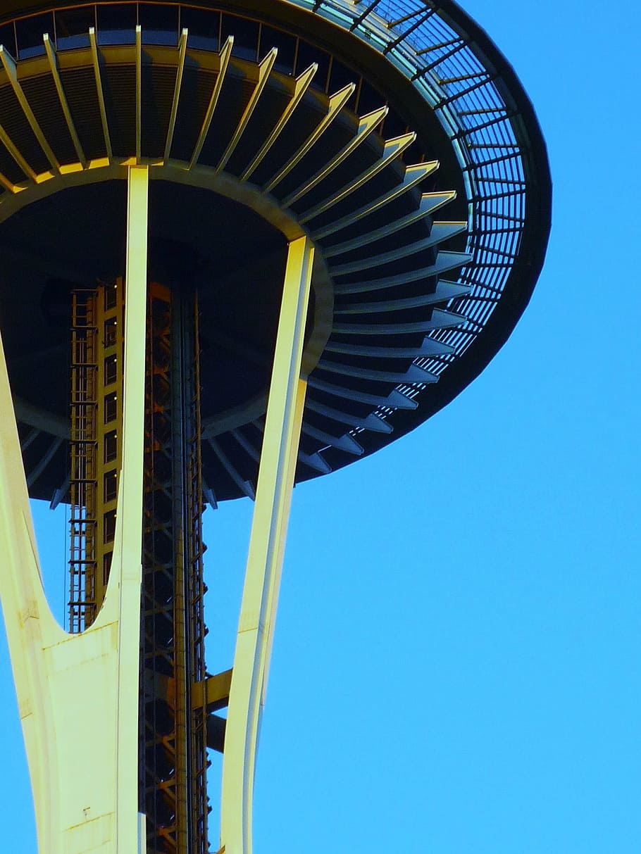 Seattle, spazio, ago, architettura, città, cielo, Washington, urbano, centro, viaggio, moderno, punto di riferimento, Pacifico, Nord Ovest, cultura artistica e intrattenimento, blu, Parco divertimenti, cielo sereno, Inquadratura dal basso, struttura costruita, nessuno, temi fotografici, natura, giorno, giro del parco dei divertimenti, all'aperto, esterno dell'edificio, luce del sole, metallo, copia spazio, alto - alto, modello, grattacielo, 1080P